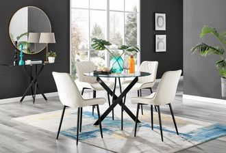 Furniturebox Novara 4 Seater Black Leg Round Glass Dining Table & 4 Pesaro Soft Velvet Black Leg Chairs in Cream