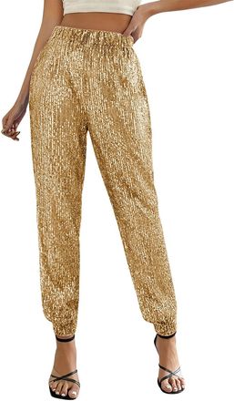 Generic Women Sequin Trousers Sparkly Hip Hop Pants Fashion Glitter Sequin Trousers Long Harem Pants Shinny Bloomers Loose Sweatpants Sparkly Glitter High Wai