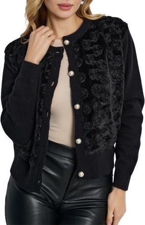 Saachi Flower Faux Fur Velour Cardigan in Black at Nordstrom Rack