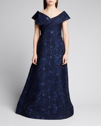 Teri Jon Off-the-Shoulder Metallic Jacquard Gown w/ Bow