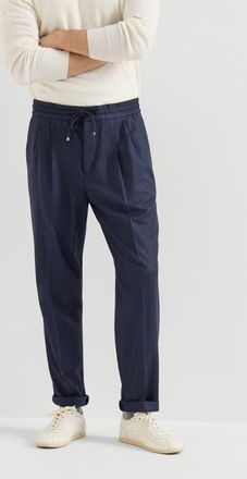 Brunello Cucinelli Virgin wool flannel trousers with drawstring and double pleats in Marine Blue at Nordstrom, Size 60