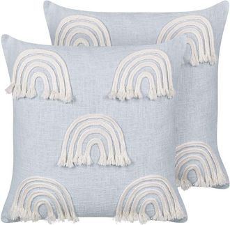 Beliani Beliani - Conjunto De 2 Cojines De Algod&oacute;n Bordado Arco Iris 45 X 45 Cm Azul Claro Leea