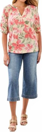 Tribal Printed Linen Elbow Sleeve Henley Blouse In Canvas