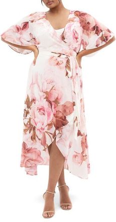 City Chic Lovers Lane Floral Print Wrap Dress in Sun Petals at Nordstrom, Size Xxxs