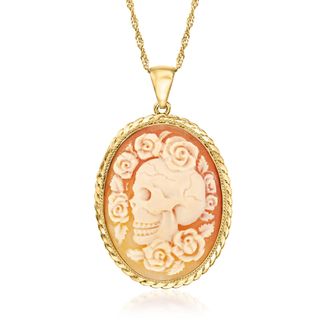 Ross-Simons Italian Orange Shell Floral Skull Cameo Pendant Necklace in 18kt Gold Over Sterling