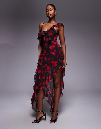 I.AM.GIA Julietta - Vestito lungo in chiffon georgette con volant e fondo asimmetrico nero e rosso con stampa di petali-Multicolore
