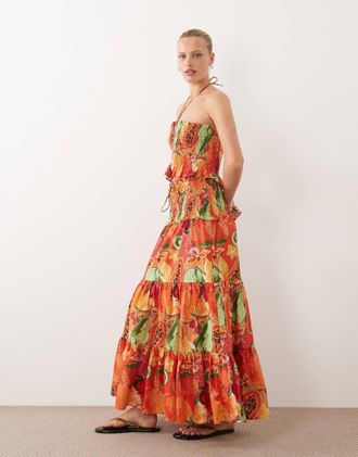 Asos Gonna lunga a balze a punto smock in vita con stampa di frutta in coordinato-Multi