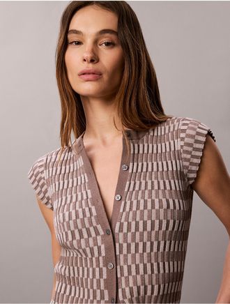 Calvin Klein Womens Tech Knit Checkered Rib Cardigan - Grey - XS