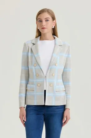 Ming Wang Heritage Plaid Knit Blazer in Limestone/serene/white at Nordstrom, Size X-Small