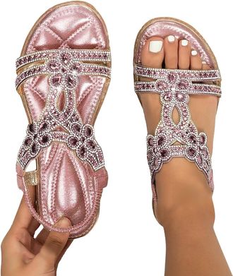 Generic Womens Flat Sandals Boho Summer Rhinestone Beach Flip Flops Sandals Fashion Holiday Beach Open Toe Footwear Summer Outdoor Sandals