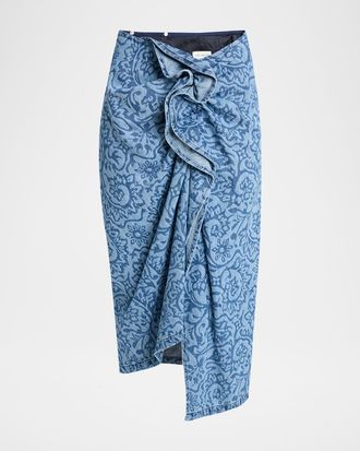 Dries Van Noten Sinas Floral Denim Ruffle Midi Skirt