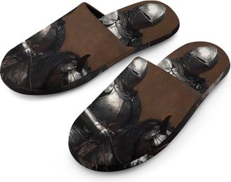Generic Knights Horse Armor Flannel Mens Slip-on Slippers Winter Warm House Shoes with Rubber Sole for Home Hotel