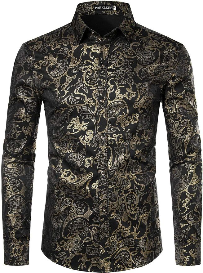 PARKLEES Mens Luxury Gold Prom Design Slim Fit Long Sleeve Button up Party Dress  Shirts Black Gold XXL from 25.95 - on Stylight