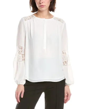 T Tahari Half Placket Lace Trim Blouse