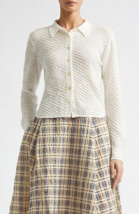 Bernadette Turner Crop Linen Blend Check Jacquard Shirt in Ivory Gingham Jacquard at Nordstrom, Size Medium
