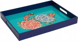 Lisa Corti Queen Flower Lacquered Tray In Blue