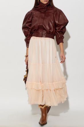 Chlo&eacute; Leather Jacket With Detachable Scarf, Womens, Burgundy