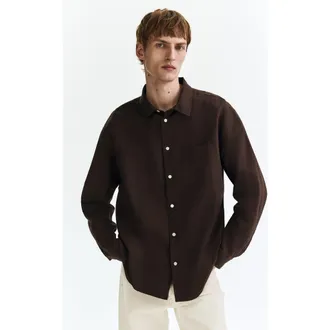 H&M Relaxed Fit Linen-blend Shirt in Dark Brown at Nordstrom, Size Xx-Large