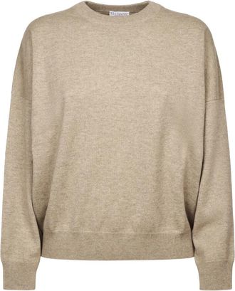 Brunello Cucinelli Girocollo M/L - Dames - Ronde hals truien - Beige - L - Kasjmier - Truien & Vesten