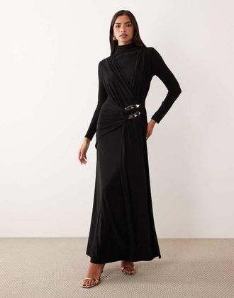 Asos Vestito lungo sinuoso nero drappeggiato con finiture