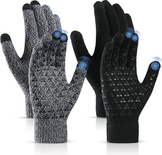 Generic 2Pairs Winter Thermal Gloves Men Women Touch Screen Knitted Warm Anti Slip Gloves with Soft Lining for Driving Running Cycling Ski Outdoor (Black + Gr