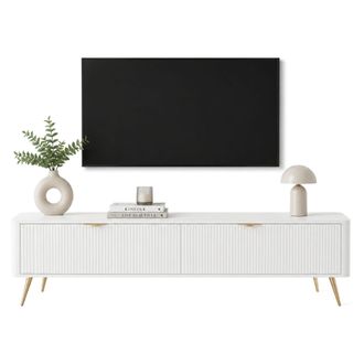 Dmora Mobile Para Tv Kala, 2 Estantes, 2 Puertas, Efecto Rayado Con Patas, 200x38x51h Cm Blanco