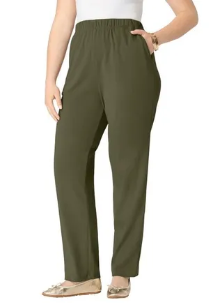Roaman's Plus Size Soft Knit Relaxed Pull-On Straight Leg Pant in Dark Olive Green at Nordstrom, Size Medium Tall