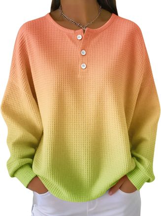 Generic Womens Waffle Gradient Pullover - Long Sleeved Round Neck Casual Sportswear (UK, Alpha, XXL, Regular, Regular, Gradient Color14)