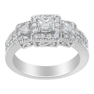 House of Brilliance 14K White Gold Round and Princess-Cut Diamond Three Stone Ring