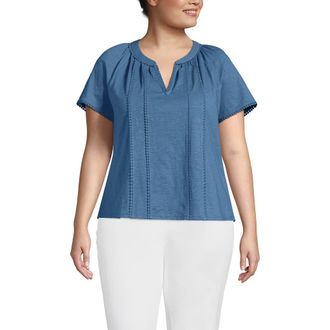 Lands End Plus Size Slub Short Sleeve Notch Neck Top in Teal Blue Ocean at Nordstrom, Size 1X