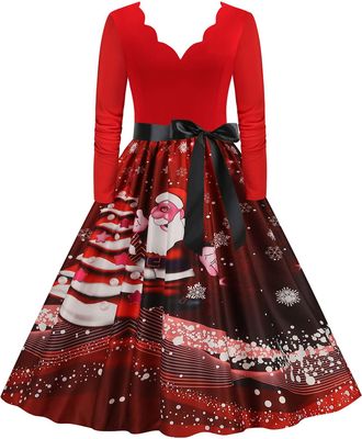 Generic Christmas Dresses for Women Long Sleeve Knee-Length Ladies Casual Dresses Irregular Ruffle Hem V Neck Santa Printed Evening Gowns Elgant Cocktail Dres