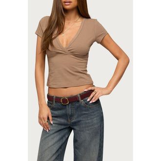 Edikted Merinda V-Neck Stretch Cotton T-Shirt in Brown at Nordstrom, Size X-Large