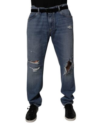Dolce & Gabbana Mens Blue Tattered Cotton Straight Denim Jeans Lyocell Clothing