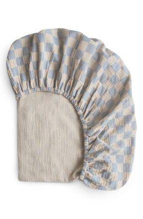 Mushie Extrasoft Cotton Muslin Crib Sheet in Blue Check at Nordstrom