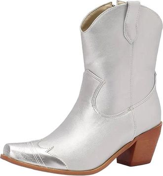 Generic Womens Western Cowboy Ankle Booties Square Toe High Block Heel With Side Zipper For Leisure And Casual Wear