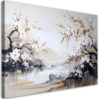 Feeby Cuadro Sobre Lienzo Paisaje Japon&eacute;s: Flores De Cerezo Beige 100x70