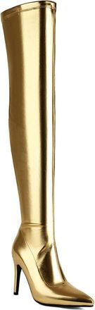 Generic Womens Pointed Toe Over The Knee Boots PU Leather Long Boots with Side Zipper Stiletto High Heel Thigh High Boot,Gold,5.5 UK