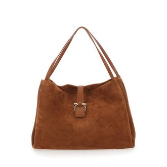 Ferragamo New Line Grande Brown Shoulder Bag with Two Flat Handles and Gancini Detail on the Front in Suede Woman Goat Calf