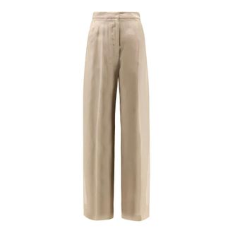 Max Mara Broeken, Dames, Beige, M, Leer, Wijde Zijden Broek