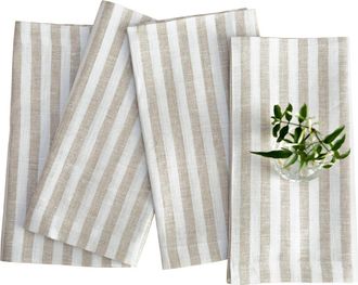 Solino Home Linen Dinner Napkins Set of 4, 20 x 20 Inch for Dining Table, Holiday and Everyday Table Decor - Amalfi Stripe in Natural And White at