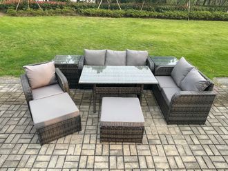 Fimous 8 Piece Rattan Garden Furniture Set with Patio Sofa Rectangular Dining Table 2 Side Tables 2 Big Footstool Indoor Conservatory Patio Set