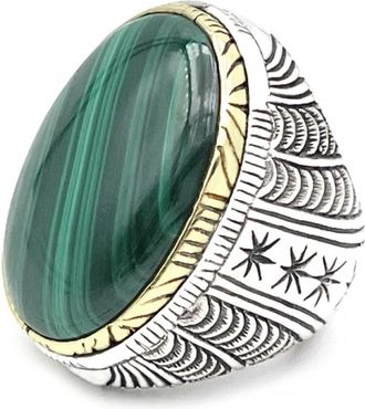 Jalan Jalan 925 Sterling Zilver Malachiet Ring - unisex - Ringen - Veelkleurig - 56 MM - Accessoires