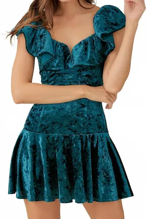 Mustard Seed Ruffle Velvet Mini Dress In Deep Green