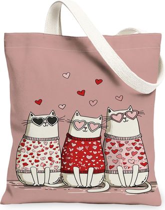 Generic Cute Cats Canvas Tote Bags, Adorable Feline Heart Pattern Reusable Grocery Bags, Valentine Lightweight Washable Shoulder St, Peach, 13x15 Inch
