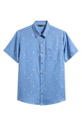Travis Mathew Techwoven Waves Geo Print Short Sleeve Performance Button-Up Shirt in Blue Horizon at Nordstrom, Size Xx-Large