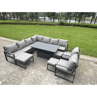 Fimous ALuminum 12-Seater L-Shaped Set with Lifting Table, 3 Stools & 2 Chair in Dark Grey