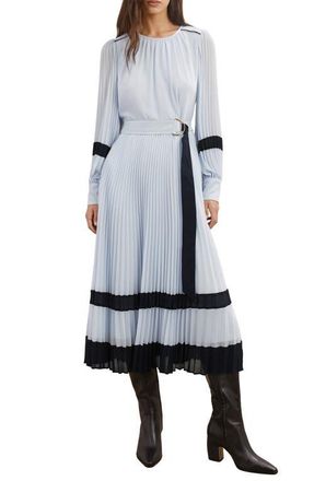 Reiss Tori Long Sleeve Pleated Dress in Blue/Navy at Nordstrom, Size 14 Us