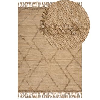 Beliani Alfombra De Yute Natural Trenzado Estilo Boho Patr&oacute;n Geom&eacute;trico Con Borlas Beige 200 X 300 Cm Handere