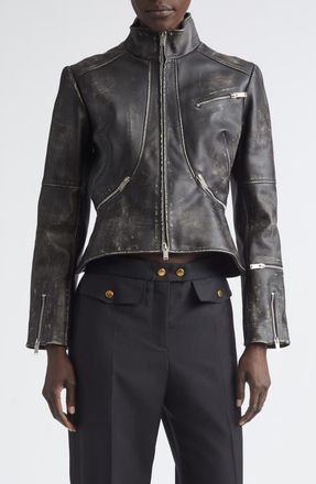 Alexander McQueen Crop Brushed Leather Jacket in Black/Brown at Nordstrom, Size 6 Us