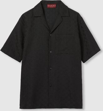 Gucci GG Canvas Linen Blend Bowling Shirt, Size 44, Black